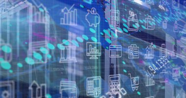 İş simgeleri üzerinde veri işleme resmi. Küresel iş ve dijital arayüz kavramı dijital olarak oluşturulmuş görüntü.