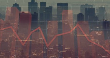 Şehir manzarası üzerinde finansal veri işleme resmi. Küresel iş, finans, veri işleme ve dijital arayüz kavramı dijital olarak oluşturuldu.