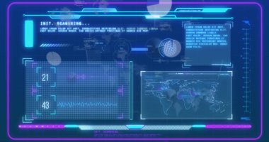 Mavi arkaplan üzerinde dijital arayüz ve veri işleme resmi. Dijital olarak oluşturulmuş küresel veri işleme kavramı.