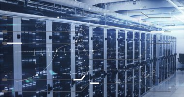 Sunucu odasında veri işleme resmi. küresel iş ve dijital arayüz kavramı dijital olarak oluşturulmuş görüntü.