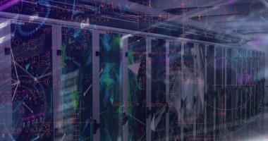 Sunucu odasında veri işleme resmi. küresel iş ve dijital arayüz kavramı dijital olarak oluşturulmuş görüntü.
