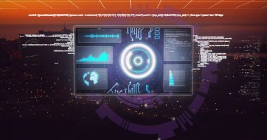 Şehir manzarası üzerinde tarama ve veri işleme alanının resmi. Küresel iş, finans ve dijital arayüz kavramı dijital olarak oluşturulmuş görüntü.