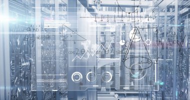 Sunucu odasında veri işleme resmi. küresel iş ve dijital arayüz kavramı dijital olarak oluşturulmuş görüntü.