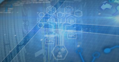 Mavi arkaplan üzerinde dijital arayüz ve veri işleme resmi. Dijital olarak oluşturulmuş küresel veri işleme kavramı.