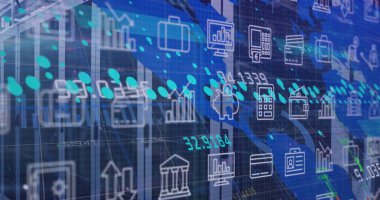 İş simgeleri üzerinde veri işleme resmi. Küresel iş ve dijital arayüz kavramı dijital olarak oluşturulmuş görüntü.