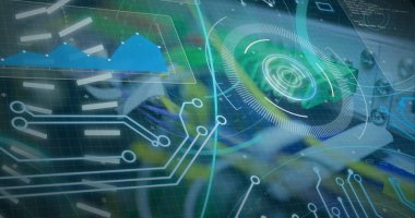 Sunucu odasında 5G metin ile tarama alanı görüntüsü. Küresel teknoloji, bilgisayar ve dijital arayüz kavramı dijital olarak oluşturulmuş görüntü.