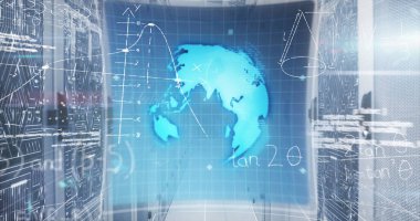 Sunucu odasına karşı 6G metnin üzerinde matematik denklemleri ve veri işleme görüntüsü. Bilgisayar arayüzü ve iş veri depolama teknolojisi kavramı
