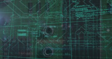 Masaüstü portlarına karşı ızgara desenli programlama dilinin birleşimi. Dijital olarak oluşturulmuş, hologram, güvenlik, veri transferi, kodlama, makine öğrenme ve teknoloji kavramı.