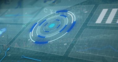 Mavi arkaplan üzerindeki ekranlardaki dijital arayüz ve veri işleme resimleri. Dijital olarak oluşturulmuş küresel veri işleme kavramı.