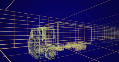 Mavi arkaplan ve kopyalama alanı üzerinden 3D kamyon modeli. Dijital olarak üretilmiş, hologram, ulaşım, tasarım, geliştirme, soyut ve teknoloji.