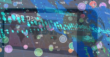 Grafiklerin, simgelerle bağlantıların ve akıllı telefondan sosyal medya üzerinden dünya haritasının resmi. Küresel finans, ekonomi, ağ ve teknoloji konsepti dijital olarak oluşturulmuş görüntü.