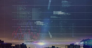 Şehir manzarası üzerinde finansal veri işleme resmi. Küresel iş, finans, veri işleme ve dijital arayüz kavramı dijital olarak oluşturuldu.