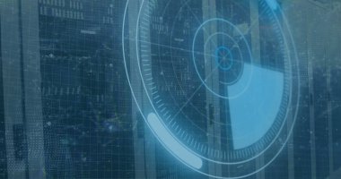 Sunucu odasında simgeler ve veri işleme ile tarama kapsamı resmi. Küresel teknoloji, bilgisayar ve dijital arayüz kavramı dijital olarak oluşturulmuş görüntü.