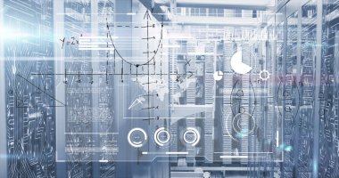 Sunucu odasında veri işleme resmi. küresel iş ve dijital arayüz kavramı dijital olarak oluşturulmuş görüntü.