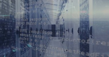 Sunucu odasında veri işleme resmi. küresel iş ve dijital arayüz kavramı dijital olarak oluşturulmuş görüntü.