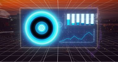 Şehir manzarası üzerinde tarama ve veri işleme alanının resmi. Küresel iş, finans ve dijital arayüz kavramı dijital olarak oluşturulmuş görüntü.