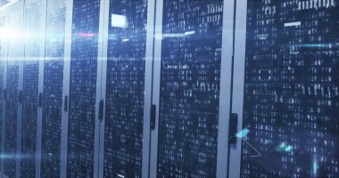 Sunucu odasında veri işleme bileşimi. Küresel teknoloji, bilgisayar ve dijital arayüz kavramı dijital olarak oluşturulmuş görüntü.