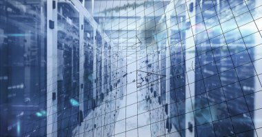 Sunucu odasında matematiksel denklemlerin ve veri işlemenin resmi. Küresel teknoloji, bilgisayar ve dijital arayüz kavramı dijital olarak oluşturulmuş görüntü.