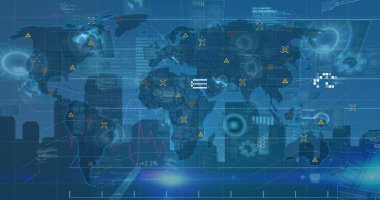 Mavi arkaplan üzerinde dijital arayüz ve veri işleme resmi. Dijital olarak oluşturulmuş küresel veri işleme kavramı.