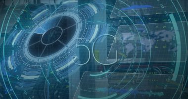 Sunucu odasında 5G metin ve veri işleme ile tarama alanı görüntüsü. Küresel teknoloji, bilgisayar ve dijital arayüz kavramı dijital olarak oluşturulmuş görüntü.