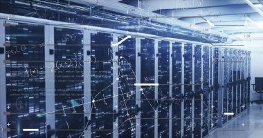 Sunucu odasında veri işleme resmi. küresel iş ve dijital arayüz kavramı dijital olarak oluşturulmuş görüntü.