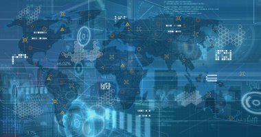 Mavi arkaplan üzerinde dijital arayüz ve veri işleme resmi. Dijital olarak oluşturulmuş küresel veri işleme kavramı.