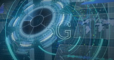 Sunucu odasında 5G metin ve veri işleme ile tarama alanı görüntüsü. Küresel teknoloji, bilgisayar ve dijital arayüz kavramı dijital olarak oluşturulmuş görüntü.