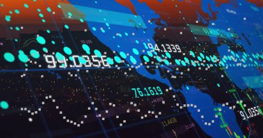 Veri işleme görüntüsü ve siyah arkaplanda beyaz kareler. Küresel iş, finans ve dijital arayüz kavramı dijital olarak oluşturulmuş görüntü.