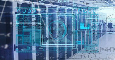 Sunucu odasında veri işleme resmi. küresel iş ve dijital arayüz kavramı dijital olarak oluşturulmuş görüntü.