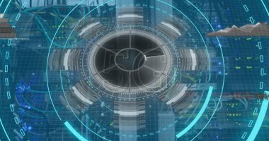 Sunucu odasında 5G metin ve veri işleme ile tarama alanı görüntüsü. Küresel teknoloji, bilgisayar ve dijital arayüz kavramı dijital olarak oluşturulmuş görüntü.