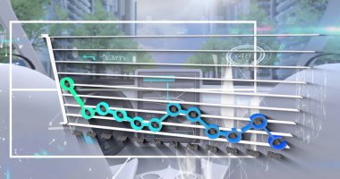 Finansal grafik, arabanın içini gösteriyor. Küresel iş, finans, bağlantılar, teknoloji, veri işleme ve dijital arayüz kavramı dijital olarak oluşturulmuş görüntü.