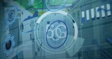 Yuvarlak tarayıcı üzerinden 5G metin resmi ve bilgisayar sunucu odasına karşı veri işleme. Küresel ağ ve iş veri depolama teknolojisi kavramı