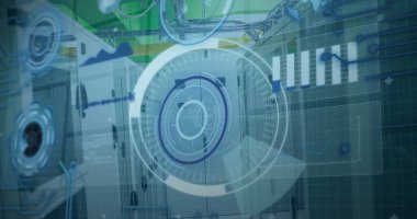 Yuvarlak tarayıcı üzerinden 5G metin resmi ve bilgisayar sunucu odasına karşı veri işleme. Küresel ağ ve iş veri depolama teknolojisi kavramı