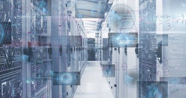 Bilgisayar sunucu odasına karşı matematiksel denklemlerin ve veri işlemenin resmi. Bilgisayar arayüzü ve iş veri depolama teknolojisi kavramı