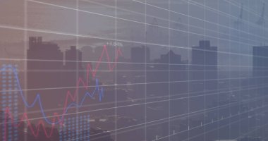 Şehir manzarası üzerinde finansal veri işleme resmi. Küresel iş, finans, veri işleme ve dijital arayüz kavramı dijital olarak oluşturuldu.