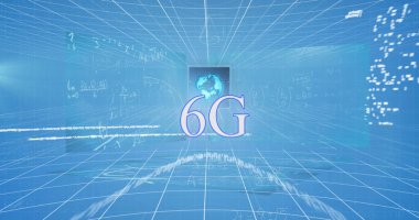 Matematiksel denklemleri mavi arkaplana karşı olan 6G metin tasviri, kopyalama uzayı. Dijital olarak üretilen, hologram, küreselleşme, fütüristik, iletişim ve teknoloji kavramı.