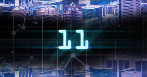 Image Glowing Blue Digital Number Eleven Countdown Cityscape Background Countdown — Stock Photo, Image