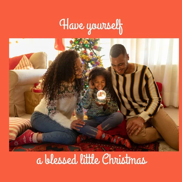 雪の地球と出産の女の子と両親に祝福クリスマステキストの構成 クリスマスとお祝いのコンセプトデジタル生成画像 — ストック写真