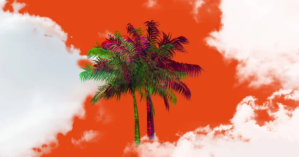 オレンジ色の背景にぼやけたヤシの木とふわふわの雲のイラスト コピースペース デジタル生成 ベクトル ビーチ 自然概念 — ストック写真