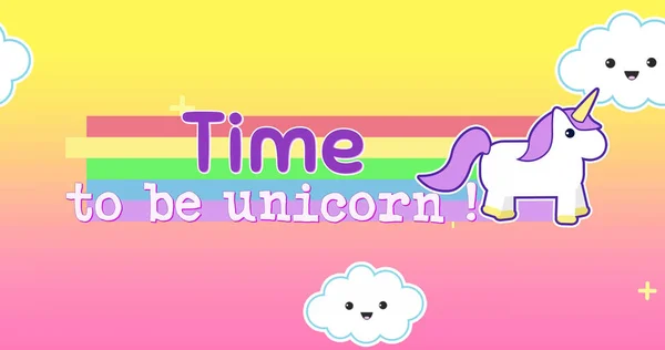 Image Time Unicorn Happy Clouds Unicorn Rainbow Yellow Pink Background — Stock Photo, Image