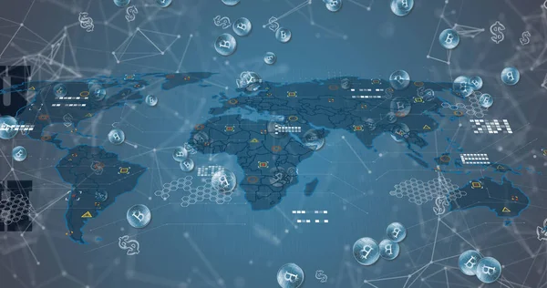 Imagem Conexões Bitcoins Sobre Mapa Mundo Fundo Azul Conceito Finanças — Fotografia de Stock