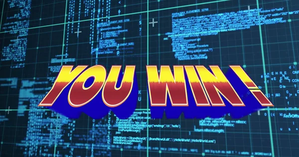 Illustration of you win text with grid pattern over computer programming language. Digitally generated, hologram, gaming, arcade, competition, coding, machine learning and technology concept.