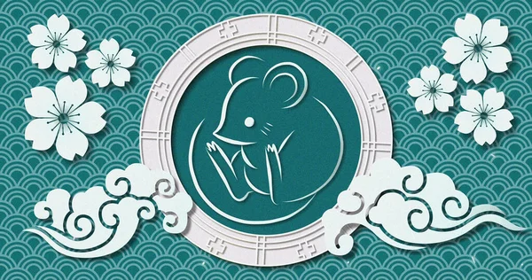 Изображение Китайского Символического Мышью Цветами Облаками Зеленом Фоне Гребешка Китайское — стоковое фото