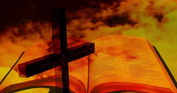 Imagen Cruz Cristiana Biblia Sobre Humo Fuego Cristianismo Religión Pecado —  Fotos de Stock