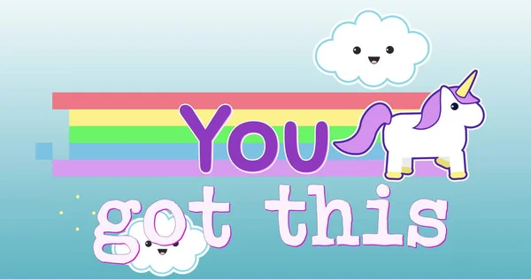 Image of you got this, unicorn, happy clouds and rainbow on blue background. Magic, happiness, colours, proverbs and motivation concept.