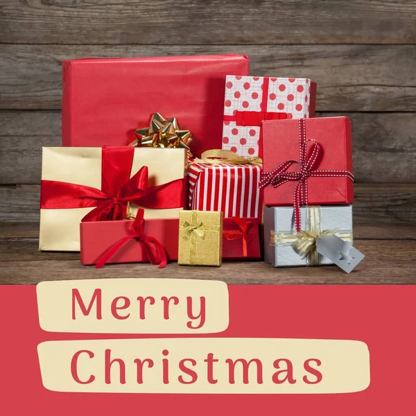 Композиція Веселого Різдвяного Тексту Над Подарунками Різдво Традиція Концепція Святкування — стокове фото
