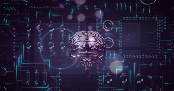 Illustration of graphical human brain with circles over circuit board patterned background. Digitally generated, hologram, power supply, anatomy, artificial intelligence and technology concept.