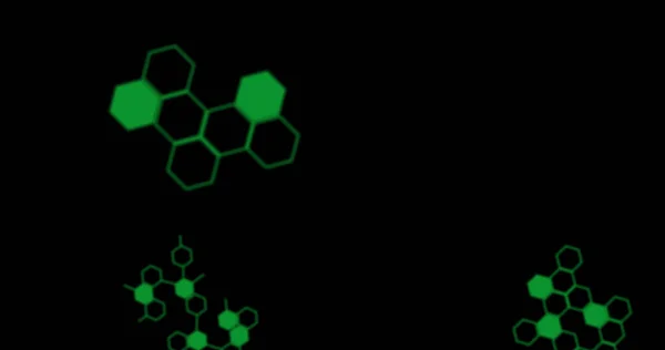 Ілюстрація Зелених Шестикутників Молекулами Чорному Тлі Копіювання Простору Цифрове Генерування — стокове фото