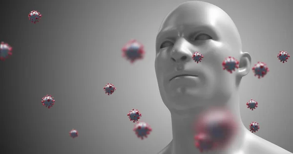 Kırmızı Gri Koronavirüs Hücrelerinin Görüntüsü Gri Arka Planda Insan Manken — Stok fotoğraf