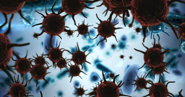 青い背景にウイルス細胞の画像 コロナウイルスは19のパンデミックの概念を克服しました — ストック写真